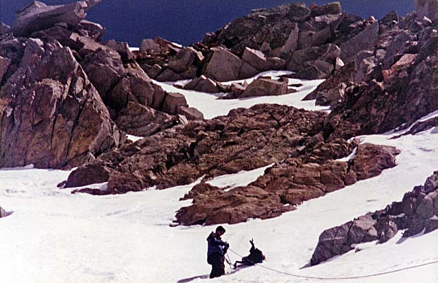 Apr. 1997: Lucy leading the climb to Glacier Notch from Palisade Glacier