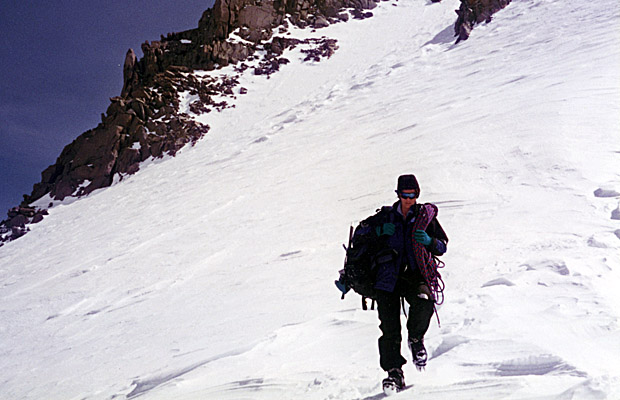 Sep. 1998: Lucy descending from Sill's North Couloir.  Swiss Arete behind.