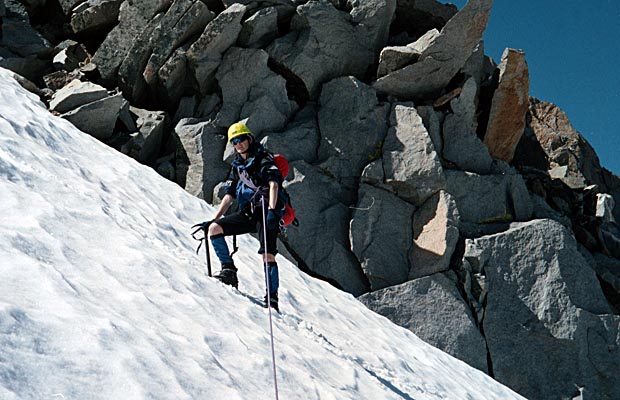 September 1998: Lucy leading the climb on Sill's North Couloir