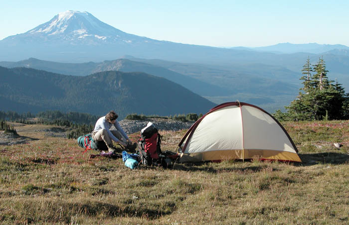 Our campsite at 6,800', with great views all round, including the shining peak of Mount Adams to the south