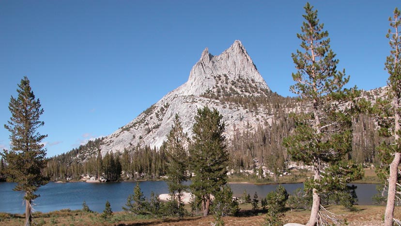 Cathedral Peak looming over the lake by the same name