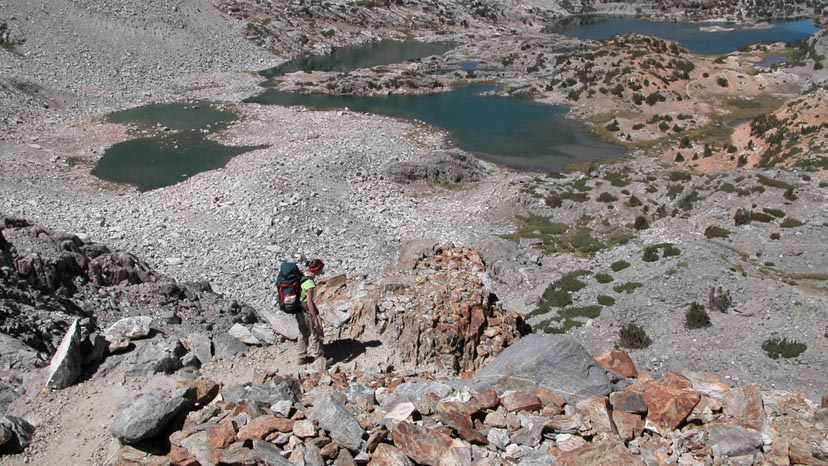 Descending the eastern side of Bishop Pass for resupply at South Lake