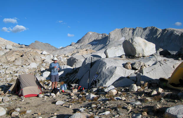 Our high, exposed campsite at Wanda Lake, 11,400'