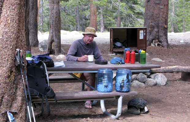Mal resting at the Tuolumne backpackers' campground, sampling beer! 