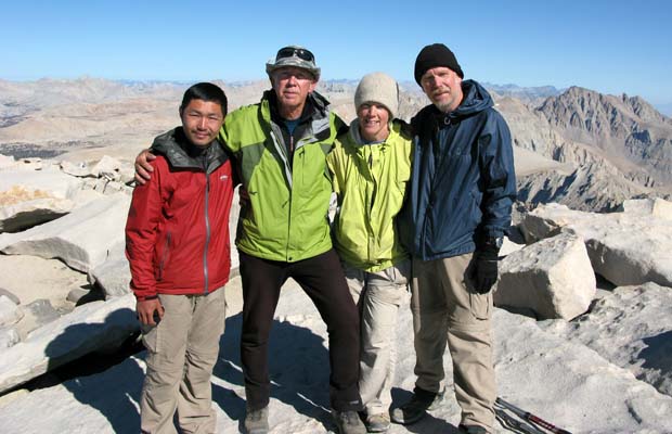 Peter standing on the summit of Mt. Whitney,14,495', with Kevin, Marty and Ross