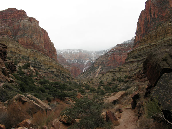 Near our high point in Bright Angel Canyon with the weather changing to rain & cold wind.