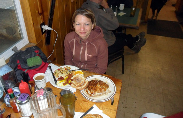 Yvonne dealing with a simple, small breakfast at Vermilion Resort