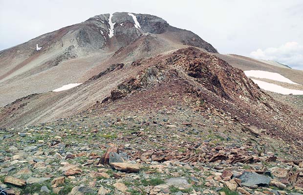 On the summit of the 12,000' McGee Pass, looking up the southest ridge of Red Slate Mtn.