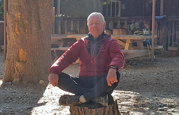 Bob doing his yoga thing on a stump in the VVR hiker campground