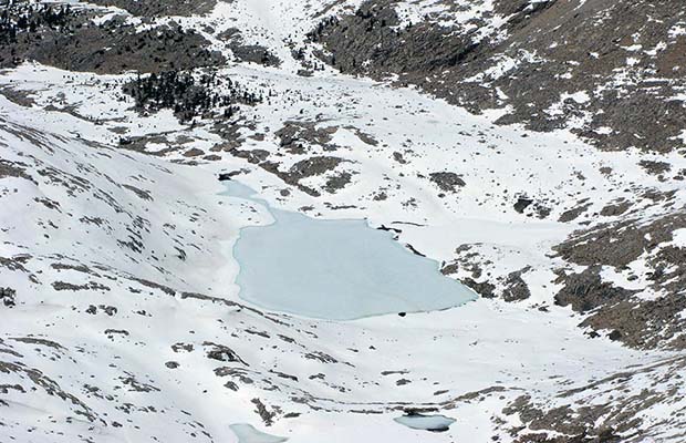 A Winter view of Guitar Lake from the final climb to the summit of Whitney.