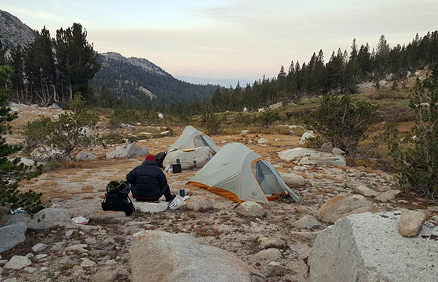 Second night out on the western slope of Goodale Pass.  Smoke down the valley near VVR.