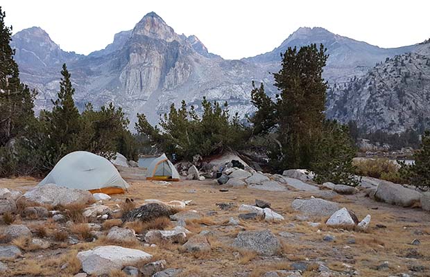 Our camp at Rae Lakes with the Painted Lady peak behind.