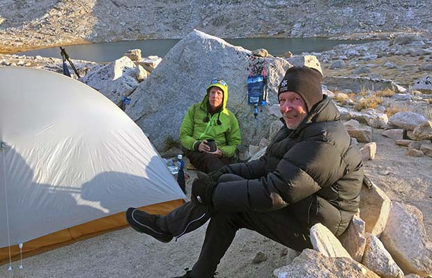 Peter and Bob resting by our tents at Guitar Lake.