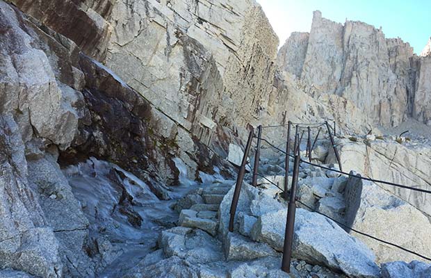 The year round ice on the lower switchbacks below Trail Crest and above Trail Camp.