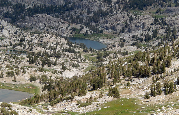 A telephoto look at Tully Lake from the summit of Shout of Relief Pass