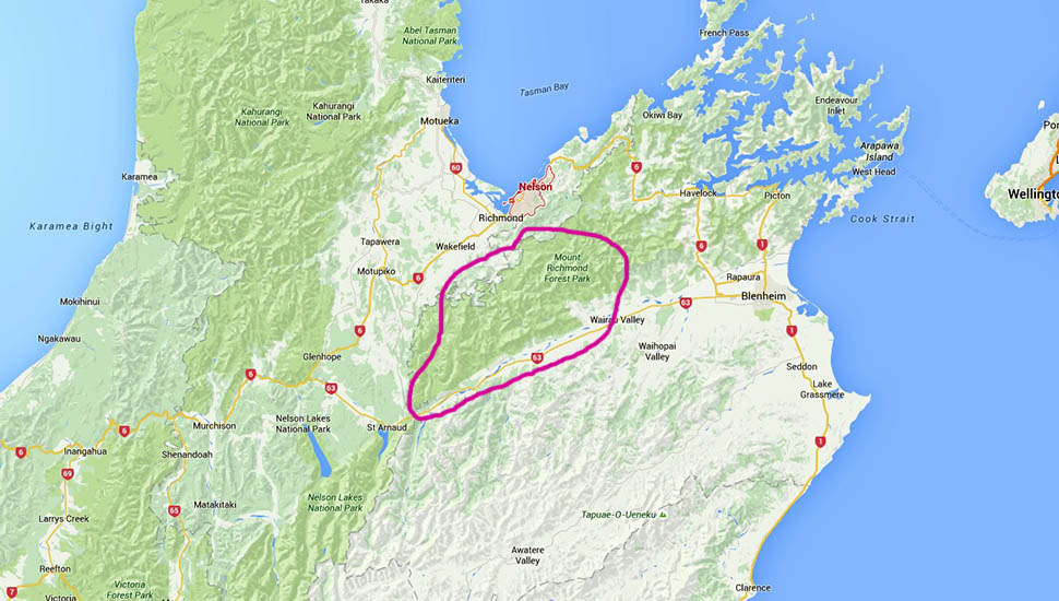 The Mount Richmond Forest Park circled in red - area of my first attempt on the Te Araroa Trail