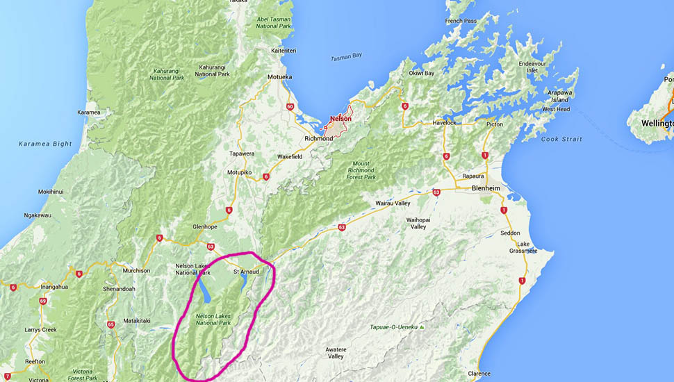 The Nelson Lakes National Park is outlined in red.
