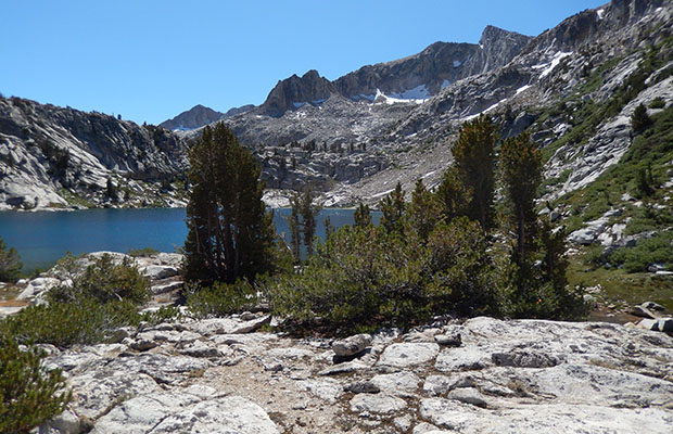 Standing on the isthmus dividing the lake, looking toward Mount Izaak Walton.