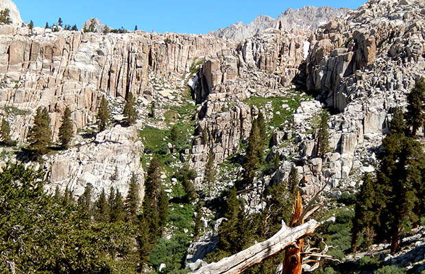 The Grassy chute that I climbed to access Miter Basin and Upper Lake.