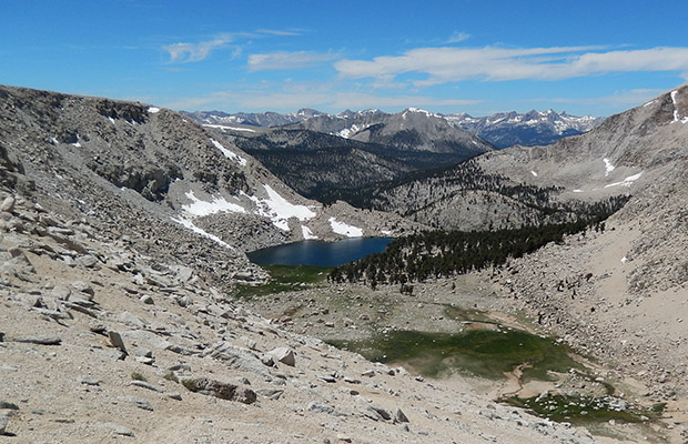 Looking down on Upper Soldier Lake from the Mount Langley climb route.