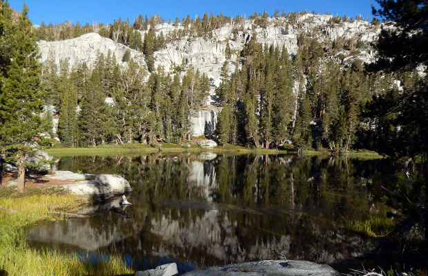 A small lake on the meadow below Golden Lake near the McGee Pass Trail.
