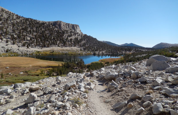 Looking back at Long Lake on the trail leading up to New Army Pass.