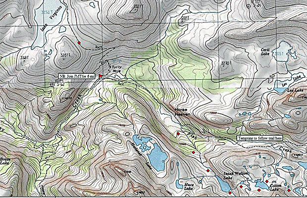 Map of the area between Tully Hole and Hortense Lake. The red diamonds show the High Route.