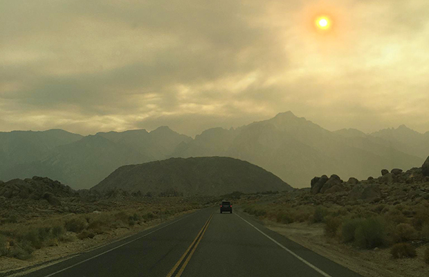 The road to Whitney Portal - in the time of fire and smoke.