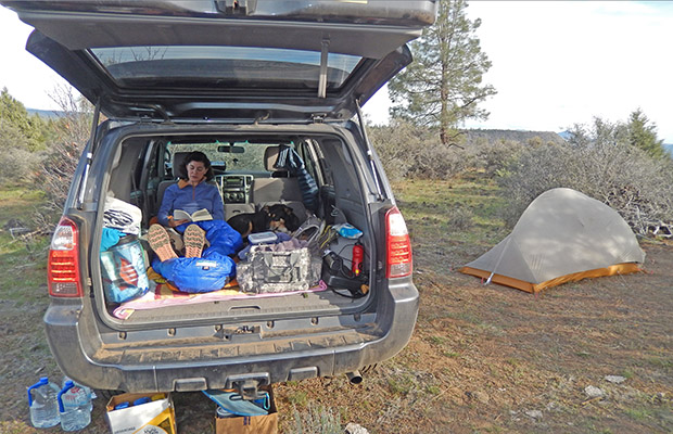 Car camping on the PCT above Hat Creek.  Lucy and Mary in the vehicle.