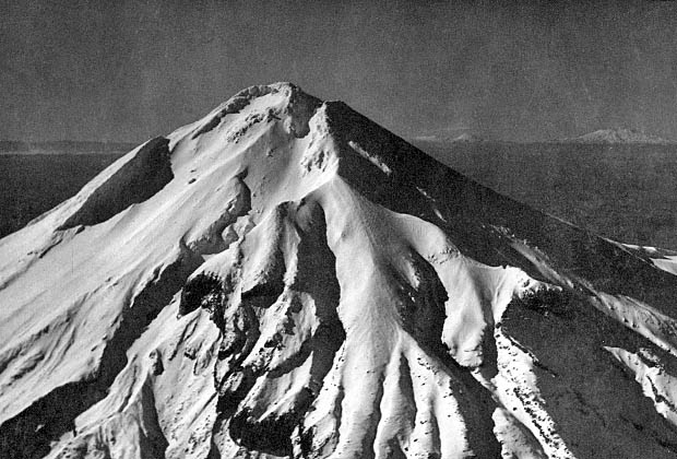 A late 1930's aerial photo of Mt. Egmont, looking east toward Mt. Ruapehu