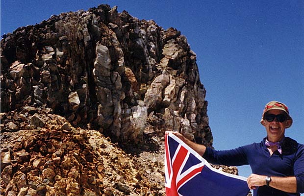 Peter on Mt. Egmont summit in 1991, his first climb of this peak since 1951, at age 11!
