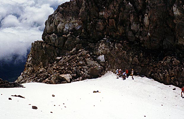 In the summit crater. The normal north side route is down the gully and across the rocks.  
