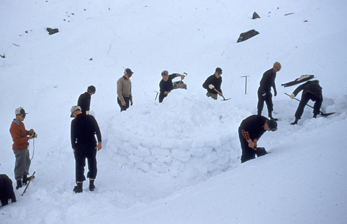 Tasman Glacier 1959:  Constructing an igloo for use as a survival shelter.