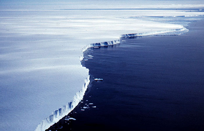 The northeastern edge of the Ross Ice Shelf, near Roosevelt Island &amp; Little America.