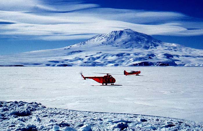 Onboard the Icebreaker USCG Eastwind, looking towards the 12,500' volcanic peak of Mount Erebus.