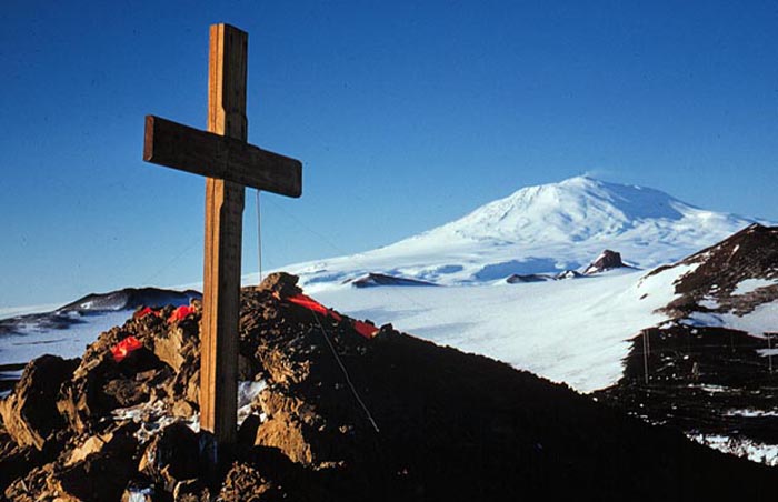 On Crater Hill looking north to Mt Erebus.  Cross in memory of Capt Scott &amp; Party, 1912.
