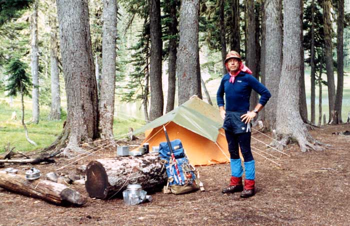 1987 with Pat Stewart: Our camp at Hank's Lake near Hunts Cove - first recce of southern face.