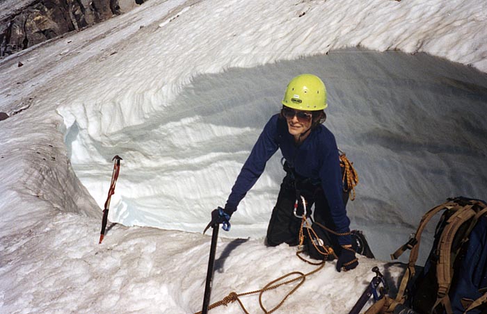 1996: Lucy practicing crevasse extraction in the warm afternoon, and close to camp.
