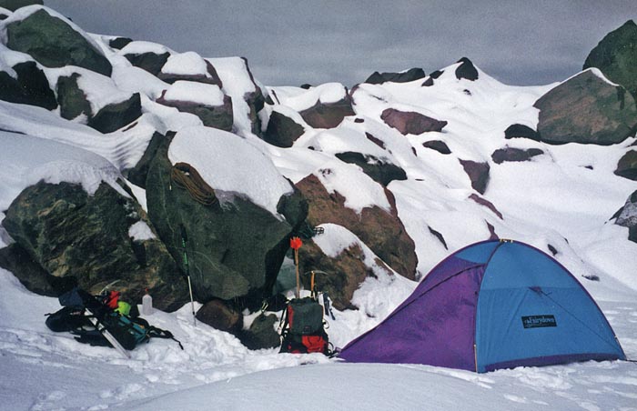 1996: Back at the familiar high camp on the morraine edge of Jefferson Park Glacier