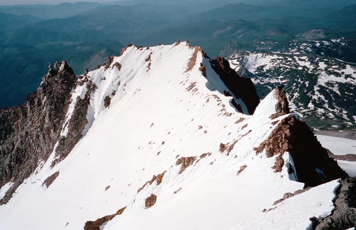 1997: View from the summit, along the narrow ridge that leads to the Jefferson Park Glacier.