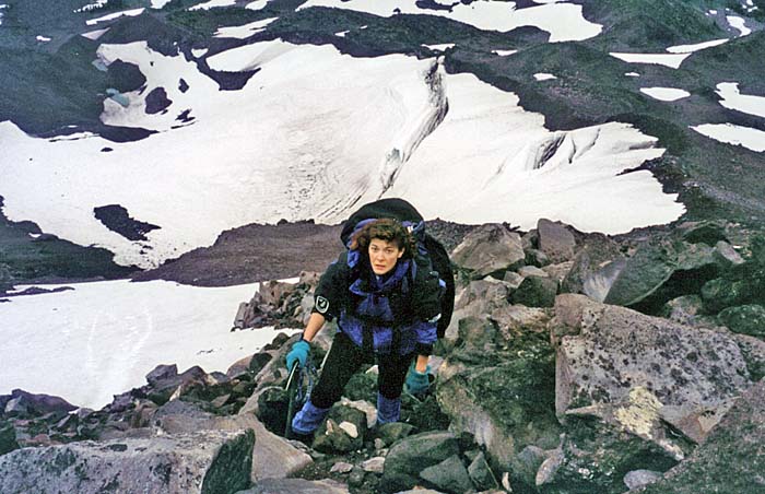 1997: Lucy approaching Red Saddle from the rocky ridge