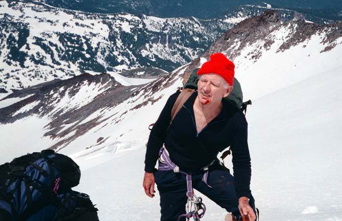 1997: Mal in descent below the bergschund after being hit on the chin by a small rock.