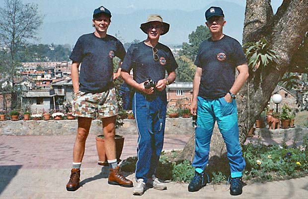 Pete Twethewey, Mal Hill and me at the Summit Hotel ... before we start the journey to Mera