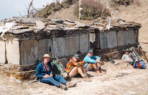 A mani wall on one of the ridges. Mal, Pete Twethewey, Martin and Dorje.