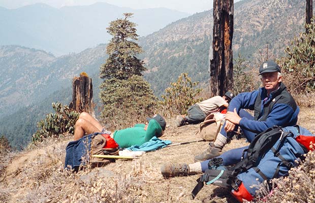 Close to the summit of the ridge.  Martin, Mingma and self relaxing