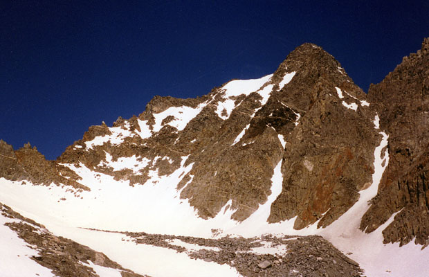 Looking at the southeast face of Agassiz ... The center couloir was my climb route