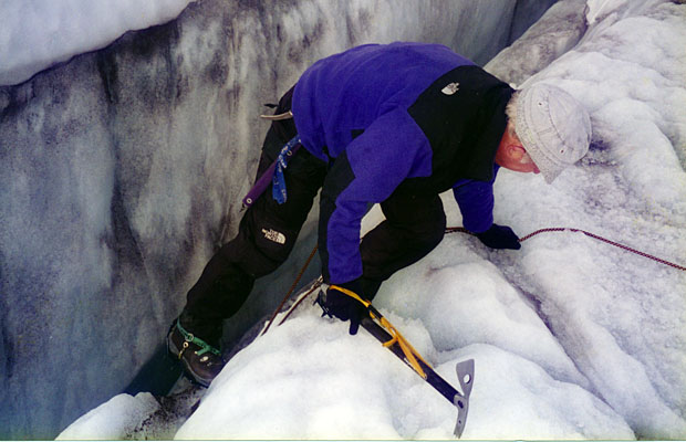 Crevasse extraction training for Peter on the lower Easton Glacier