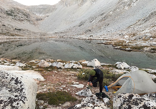 Early morning at Brown Bear Lake.  White Bear Pass in background