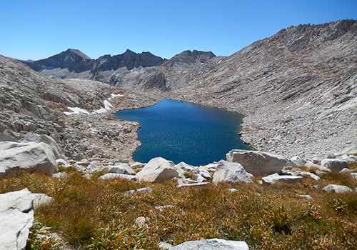Looking down to La Salle Lake from our approach to Feather Pass.