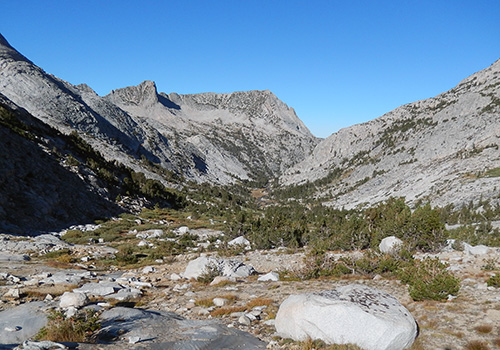 View from Teddy Bear Lake down to the first meadow of Italy Lake Trail